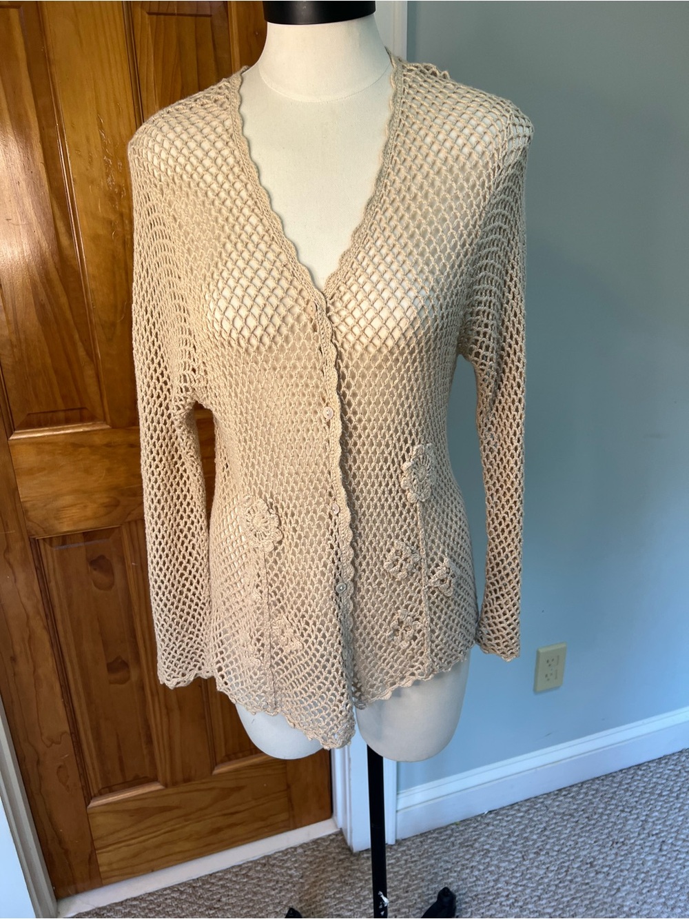 Light Cream Open Weave Crochet Button-Front Sweater Cardigan Floral